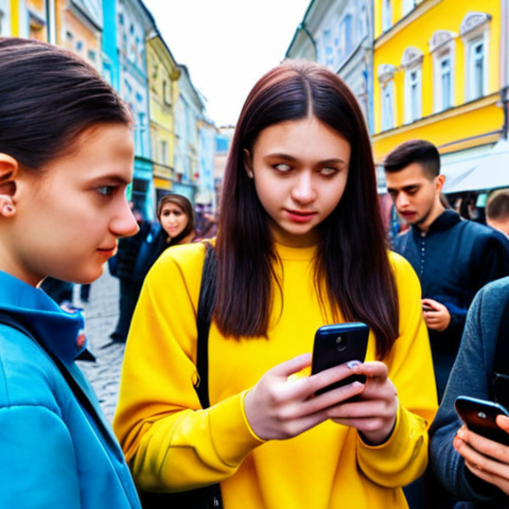 **

A group of young Ukrainians intensely looking at their smartphones. In the background, a vibrant city scene is blurred, hinting at Kyiv or Lviv. The phones display various social media apps (Instagram, TikTok, Facebook). Focus on the diversity of the group, showcasing different styles and ages, but all united by their engagement with their mobile devices. Emphasize bright, saturated colors, and a sense of dynamic energy. "Smartphone, social media, Kyiv, Ukraine, youthful, vibrant"

**