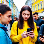 **

A group of young Ukrainians intensely looking at their smartphones. In the background, a vibrant city scene is blurred, hinting at Kyiv or Lviv. The phones display various social media apps (Instagram, TikTok, Facebook). Focus on the diversity of the group, showcasing different styles and ages, but all united by their engagement with their mobile devices. Emphasize bright, saturated colors, and a sense of dynamic energy. "Smartphone, social media, Kyiv, Ukraine, youthful, vibrant"

**