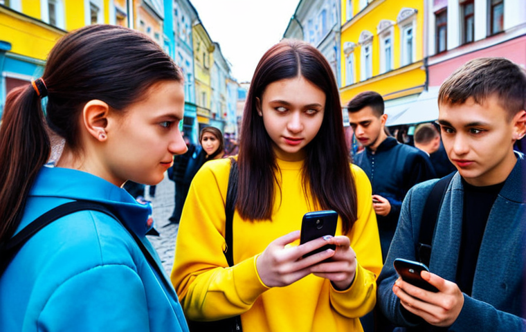 **
A group of young Ukrainians intensely looking at their smartphones. In the background, a vibrant city scene is blurred, hinting at Kyiv or Lviv. The phones display various social media apps (Instagram, TikTok, Facebook). Focus on the diversity of the group, showcasing different styles and ages, but all united by their engagement with their mobile devices. Emphasize bright, saturated colors, and a sense of dynamic energy. "Smartphone, social media, Kyiv, Ukraine, youthful, vibrant"
**