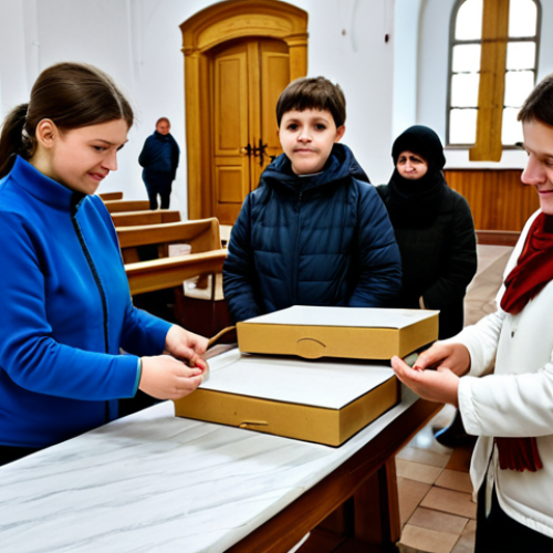 Home 20 A compassionate aid worker, fully clothed in modest, appropriate attire, distributing essential supplies inside a historic Ukrainian church. The church interior is well-lit, showing architectural details, serving as a temporary shelter. There are respectful people of various ages receiving help, observing correct proportions and natural poses. Perfect anatomy, correct proportions, natural pose, well-formed hands, proper finger count, natural body proportions, professional photography, high quality, safe for work, appropriate content, fully clothed, professional, family-friendly.