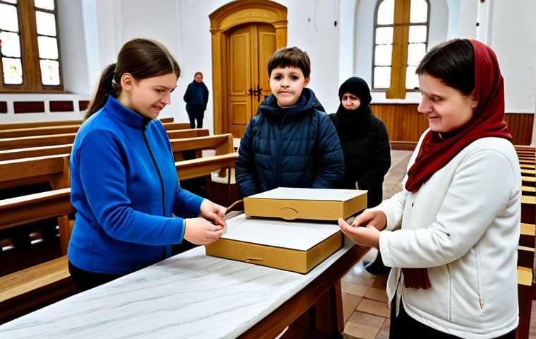 A compassionate aid worker, fully clothed in modest, appropriate attire, distributing essential supplies inside a historic Ukrainian church. The church interior is well-lit, showing architectural details, serving as a temporary shelter. There are respectful people of various ages receiving help, observing correct proportions and natural poses. Perfect anatomy, correct proportions, natural pose, well-formed hands, proper finger count, natural body proportions, professional photography, high quality, safe for work, appropriate content, fully clothed, professional, family-friendly.
