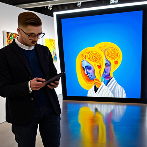 Home 9 Digital Ukrainian Art Showcase**
"A fully clothed young Ukrainian artist showcasing their digital art on a tablet at a modern art exhibition in Stockholm, Sweden. The backdrop includes other attendees in professional attire, observing various art pieces. The scene is brightly lit, showcasing the digital art's vibrant colors and intricate details. Focus on creating perfect anatomy and natural proportions. Safe for work. Appropriate content. Family-friendly. High-resolution, professional photography."
**